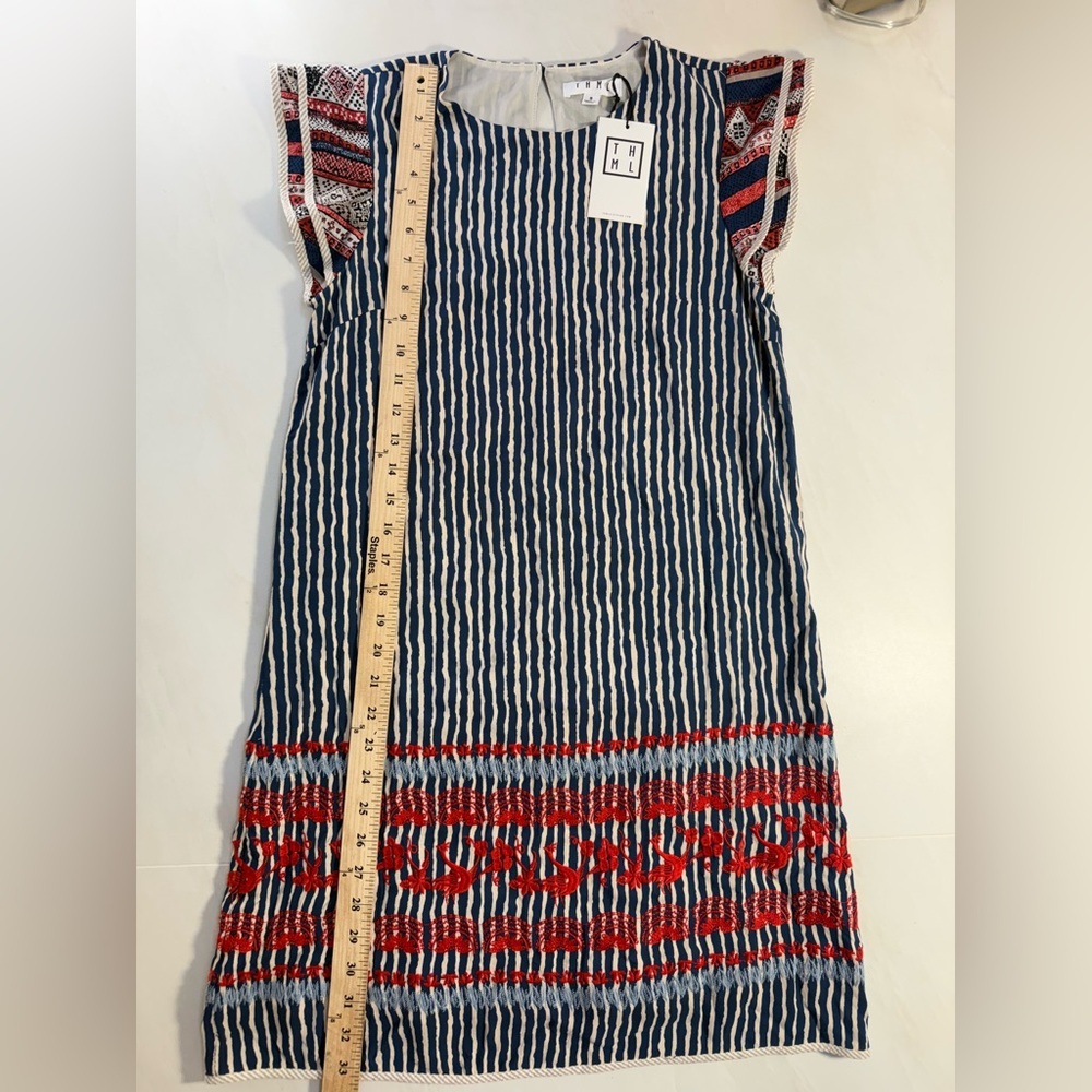 THML Blue White Red Embroidered Dress Sz S Boho Tribal Stripe - Picture 2 of 5